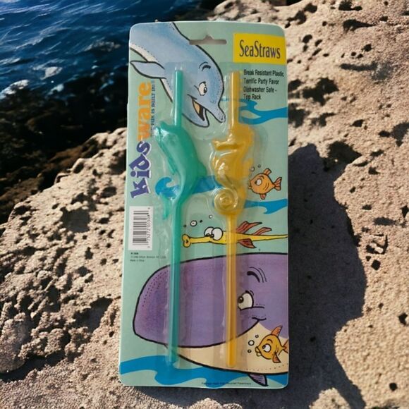 NOS Kidsware Seastraws Dolphin Seahorse Vintage 1992 Reusable Yellow Green - Picture 11 of 11